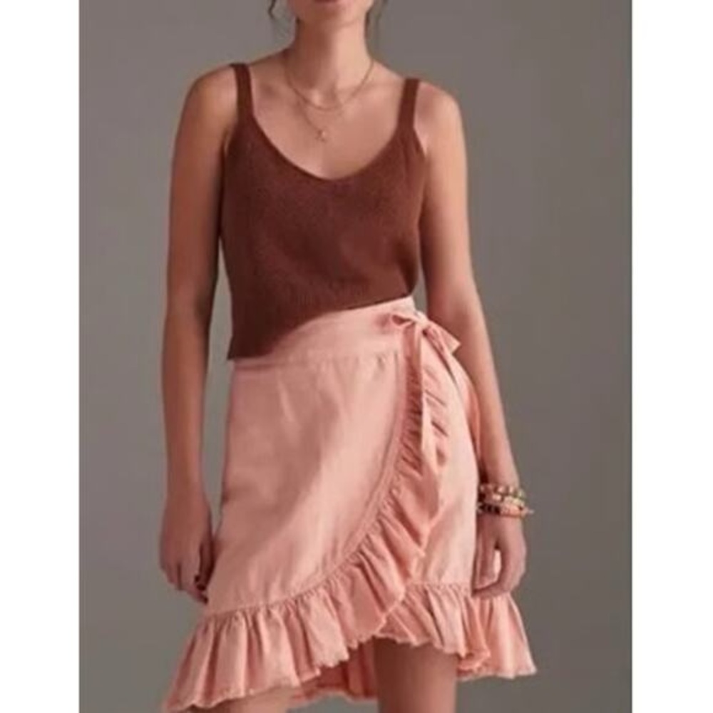 Pilcro Anthropologie Nettie Peach Ruffled Frayed Trim Wrap Skirt Size XS
